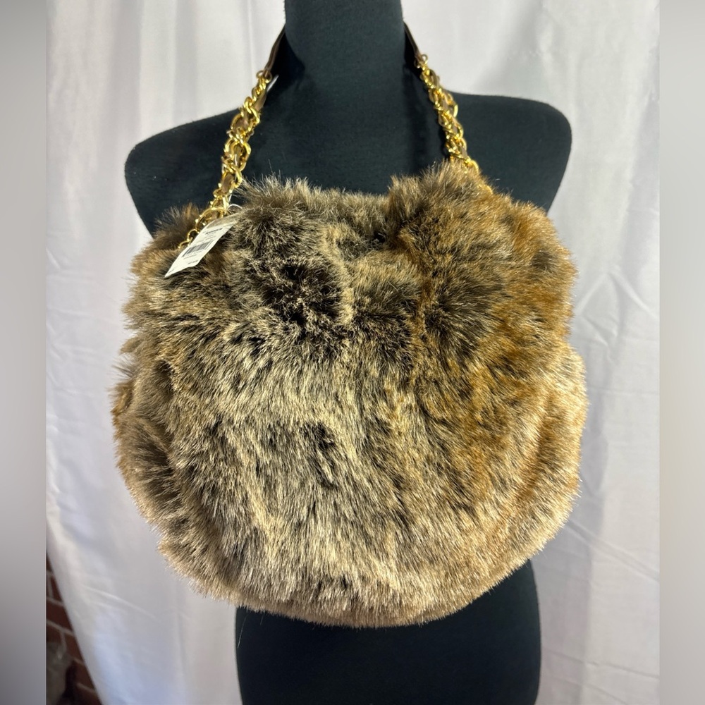 Apt. 9 Brown Fox Faux Fur Shoulder Bag with Gold Chain Y2K